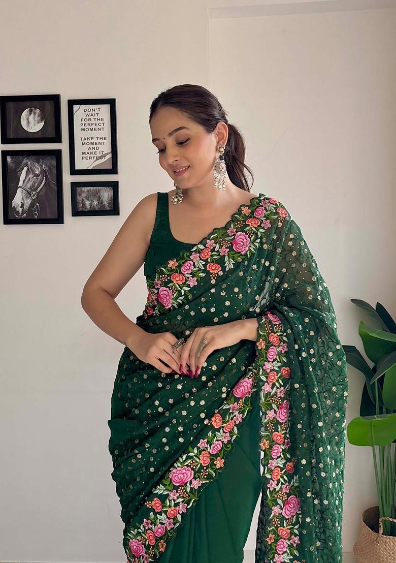 Green Thread Embroidered Diamond Silk Saree Set