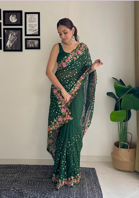 Green Thread Embroidered Diamond Silk Saree Set