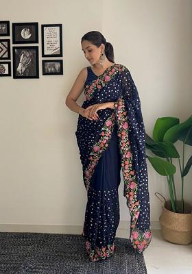 Navy Blue Thread Embroidered Diamond Silk Saree Set