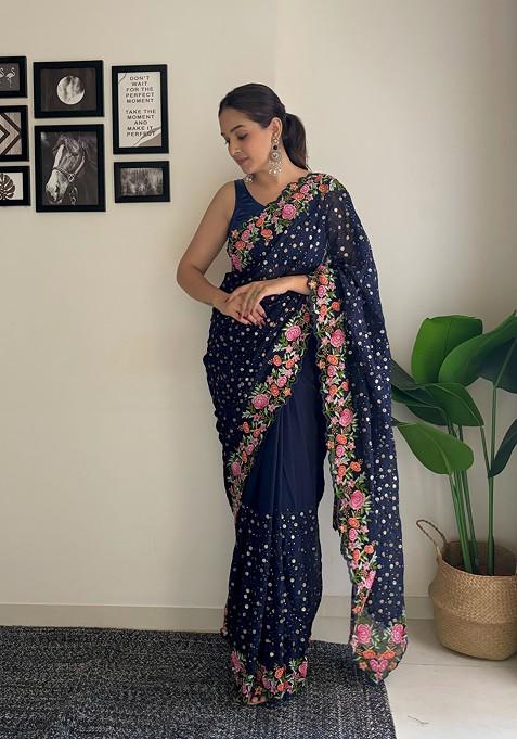 Navy Blue Thread Embroidered Diamond Silk Saree Set