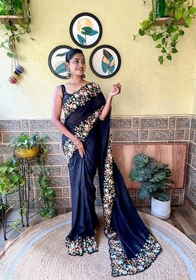 Black Thread Embroidered Satin Banglori Saree Set