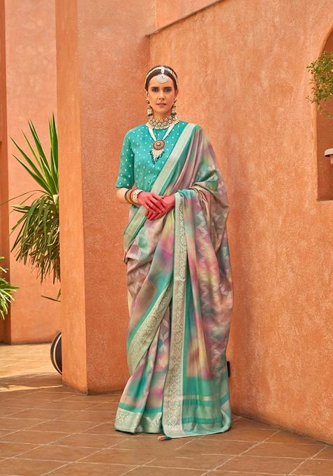 Sea Green Printed Poly Viscose Silk Saree Set