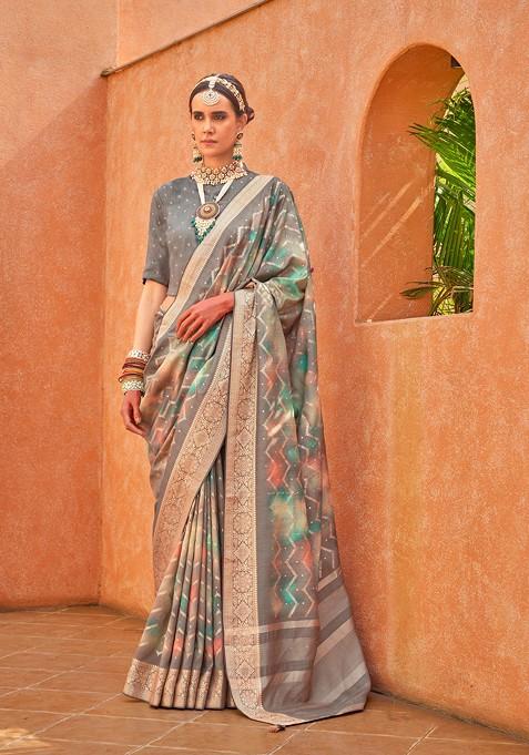 Grey Printed Poly Viscose Silk Saree Set