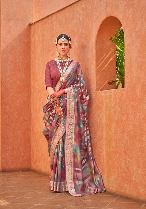 Mauve Printed Poly Viscose Silk Saree Set