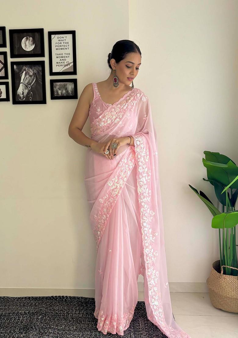 Pink Embroidered Diamond Silk Saree Set