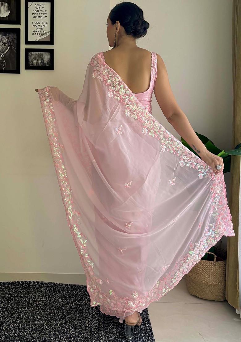 Pink Embroidered Diamond Silk Saree Set