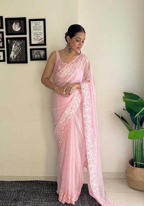 Pink Embroidered Diamond Silk Saree Set