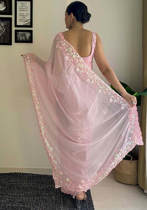 Pink Embroidered Diamond Silk Saree Set