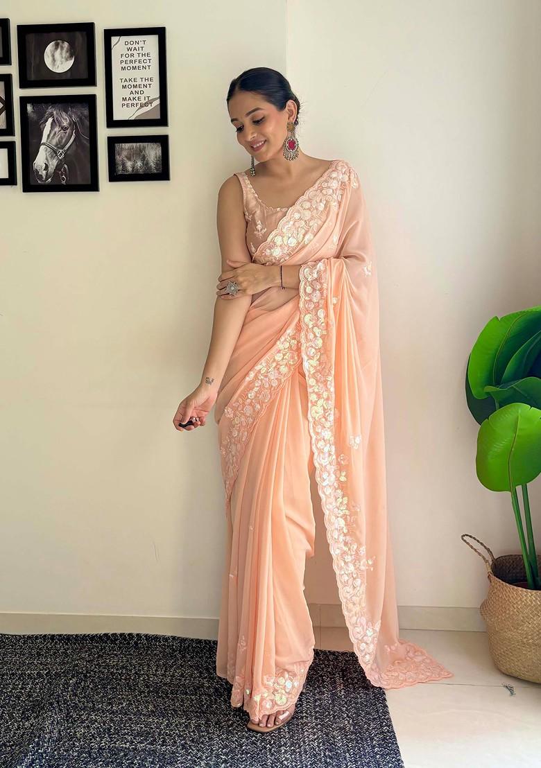Peach Embroidered Diamond Silk Saree Set