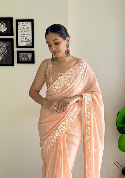 Peach Embroidered Diamond Silk Saree Set