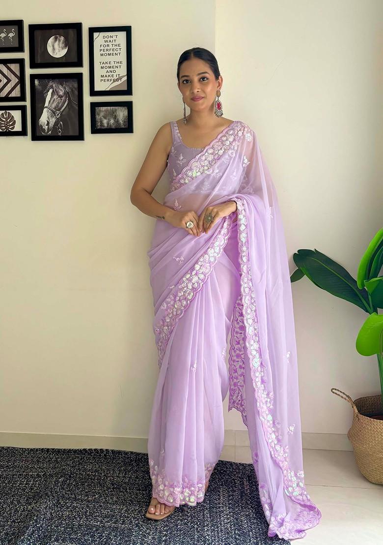 Purple Embroidered Diamond Silk Saree Set