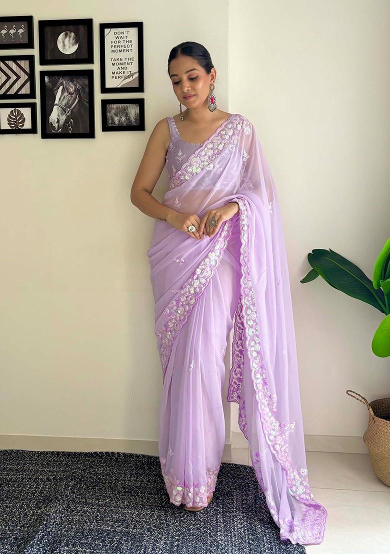 Purple Embroidered Diamond Silk Saree Set