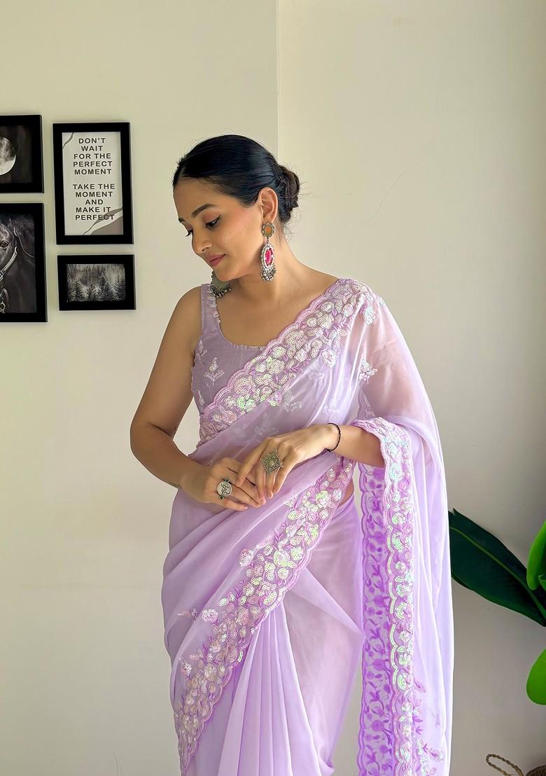 Purple Embroidered Diamond Silk Saree Set