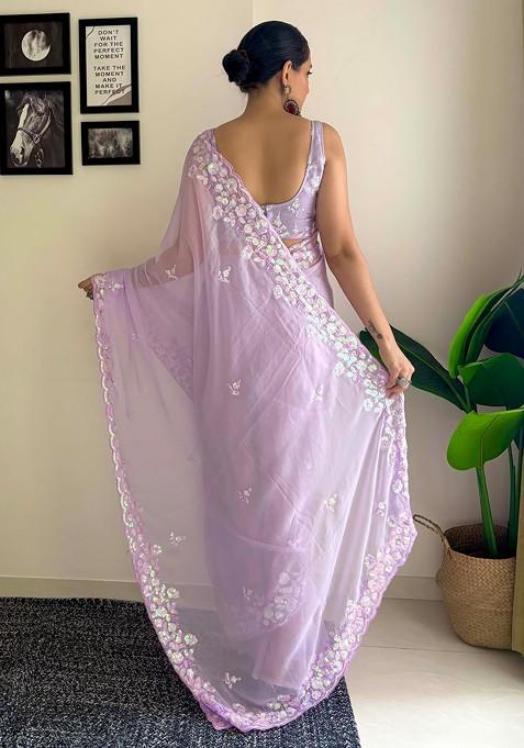 Purple Embroidered Diamond Silk Saree Set