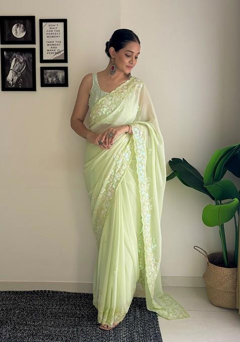 Pista Embroidered Diamond Silk Saree Set