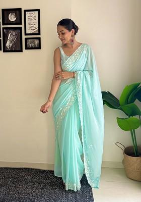 Sky Blue Embroidered Diamond Silk Saree Set