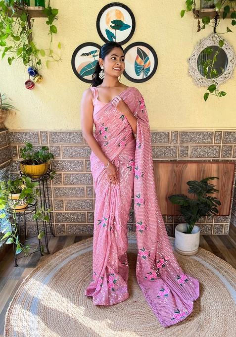 Pink Thread Embroidered Satin Banglori Saree Set