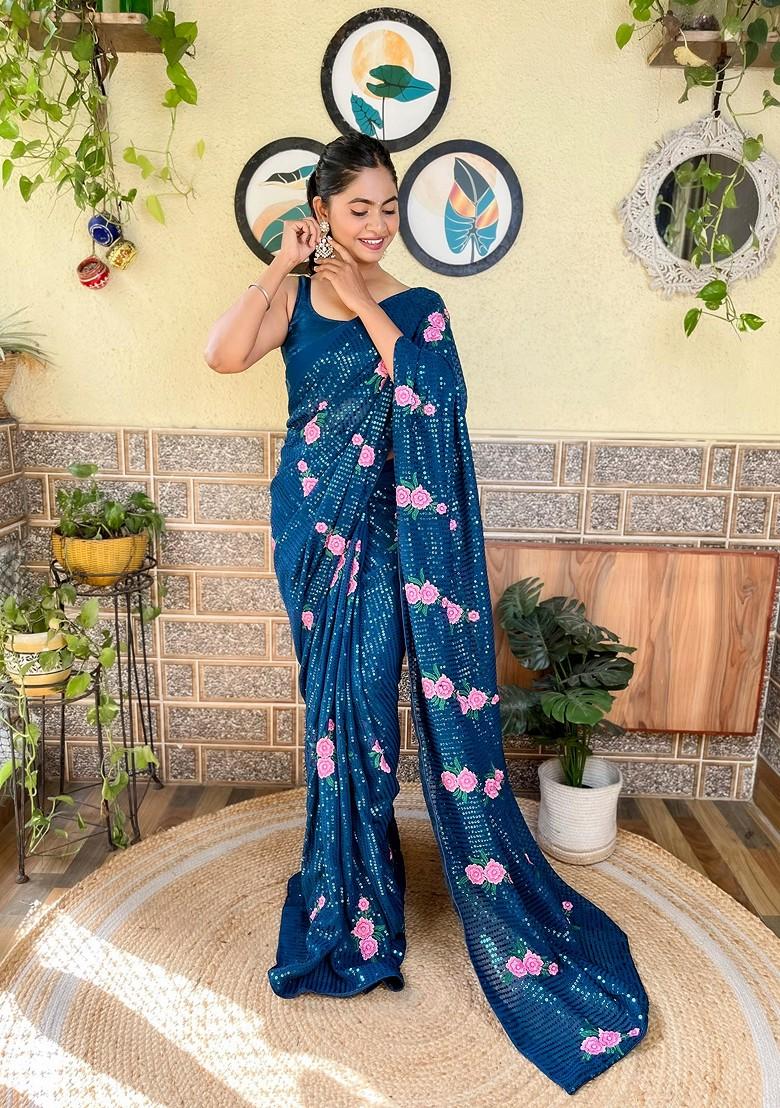 Teal Blue Thread Embroidered Satin Banglori Saree Set