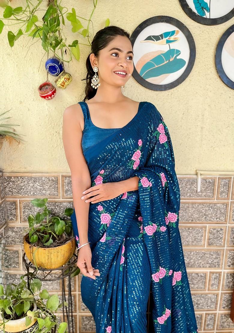 Teal Blue Thread Embroidered Satin Banglori Saree Set