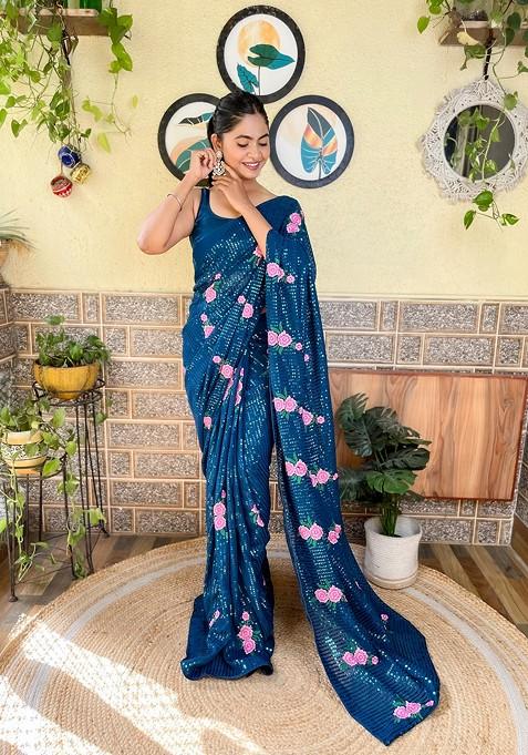 Teal Blue Thread Embroidered Satin Banglori Saree Set