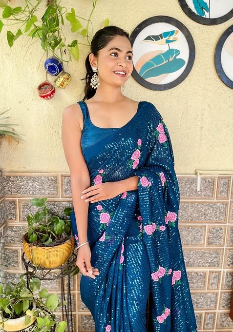 Teal Blue Thread Embroidered Satin Banglori Saree Set