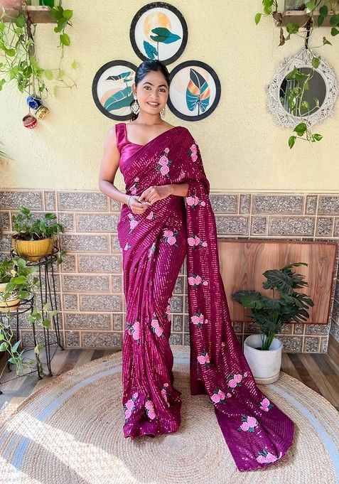 Wine Thread Embroidered Satin Banglori Saree Set