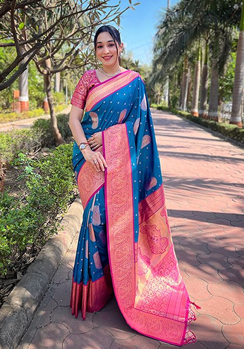 Blue Zari Embroidered Soft Silk Saree Set