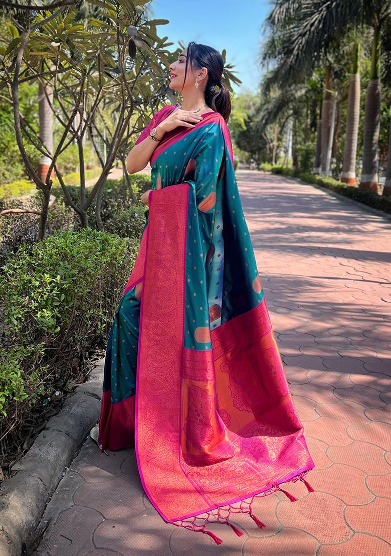 Rama Blue Zari Embroidered Soft Silk Saree Set