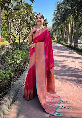 Pink Zari Embroidered Soft Silk Saree Set