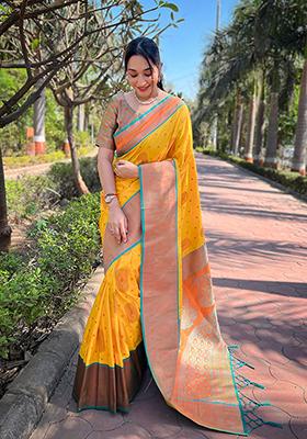 Yellow Zari Embroidered Soft Silk Saree Set