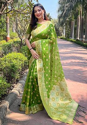 Green Zari Embroidered Organza Saree Set