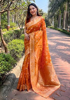 Orange Zari Embroidered Organza Saree Set