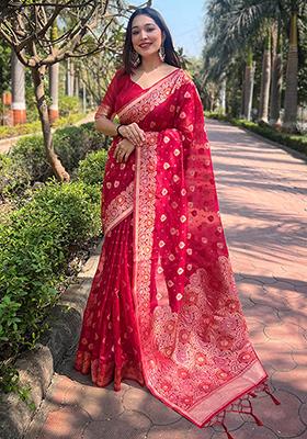 Pink Zari Embroidered Organza Saree Set