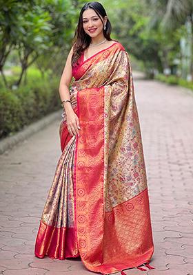 Beige Weaving Design Silk Saree Set