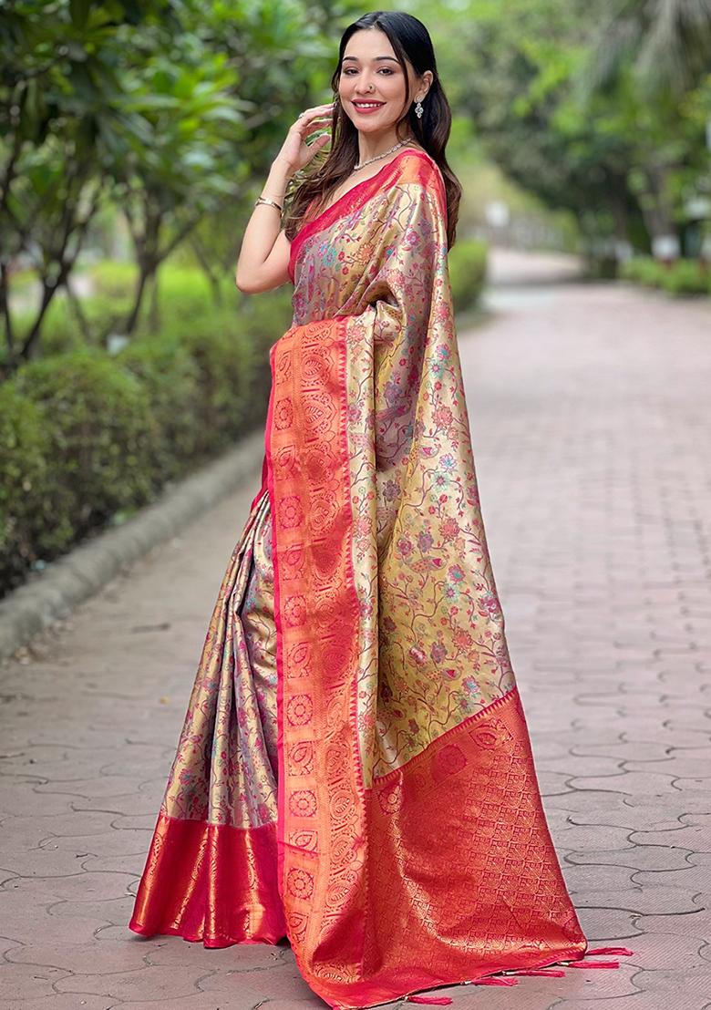 Beige Weaving Design Silk Saree Set - Indya