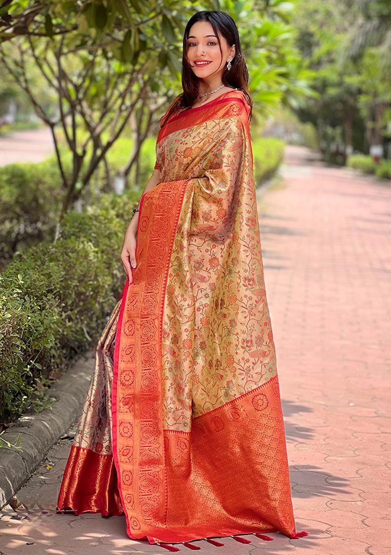 Beige Weaving Design Silk Saree Set - Indya