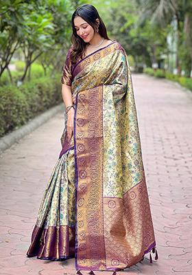 Beige Weaving Design Silk Saree Set