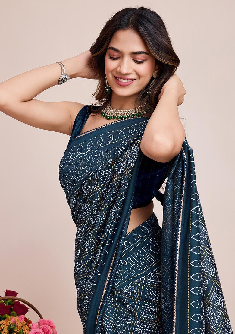 Blue Printed Cotton Silk Saree Set - Indya