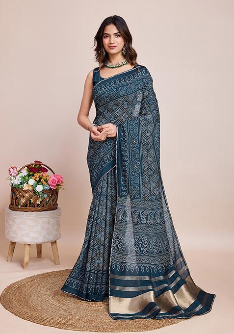 Blue Printed Cotton Silk Saree Set