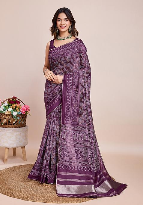 Purple Printed Cotton Silk Saree Set