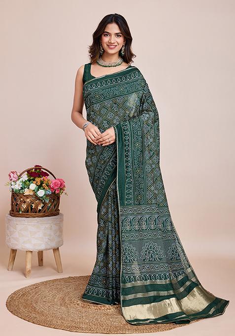 Green Printed Cotton Silk Saree Set