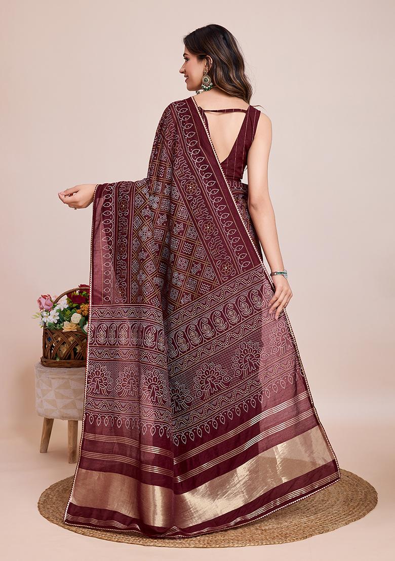 Burgundy Printed Cotton Silk Saree Set