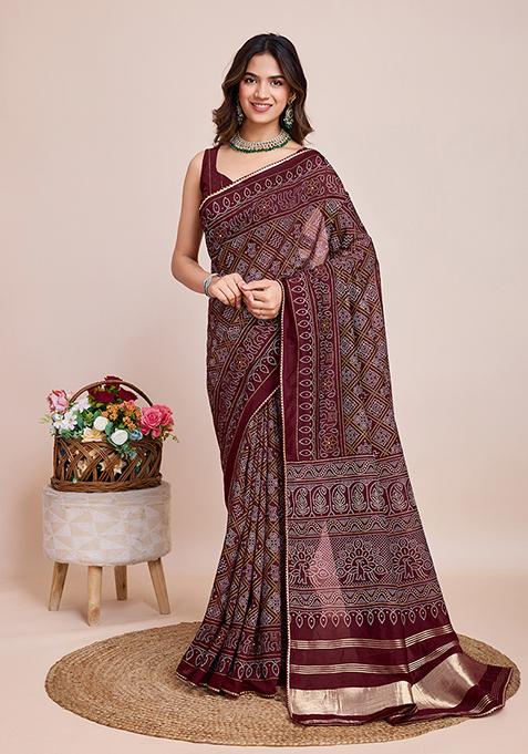 Burgundy Printed Cotton Silk Saree Set