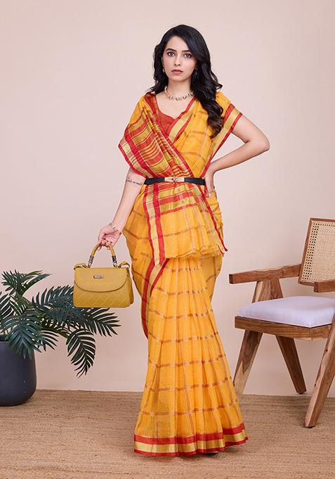 Yellow Zari Embroidered Kota Doriya Saree Set