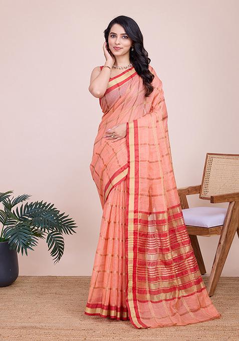 Peach Zari Embroidered Kota Doriya Saree Set