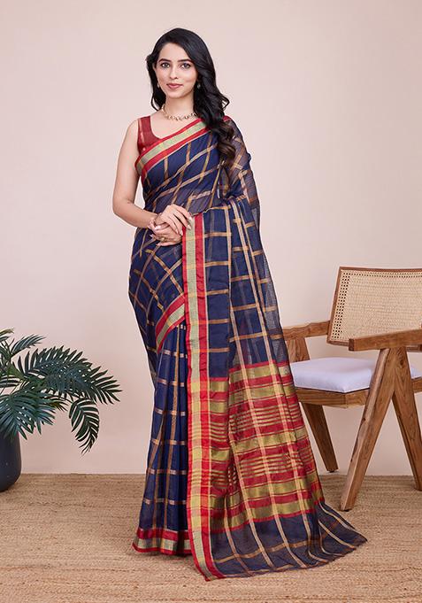 Blue Zari Embroidered Kota Doriya Saree Set