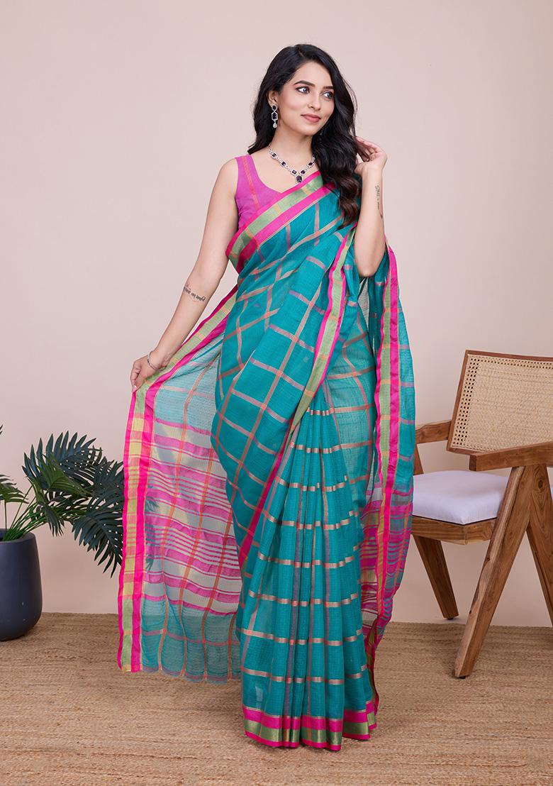 Sea Green Zari Embroidered Kota Doriya Saree Set