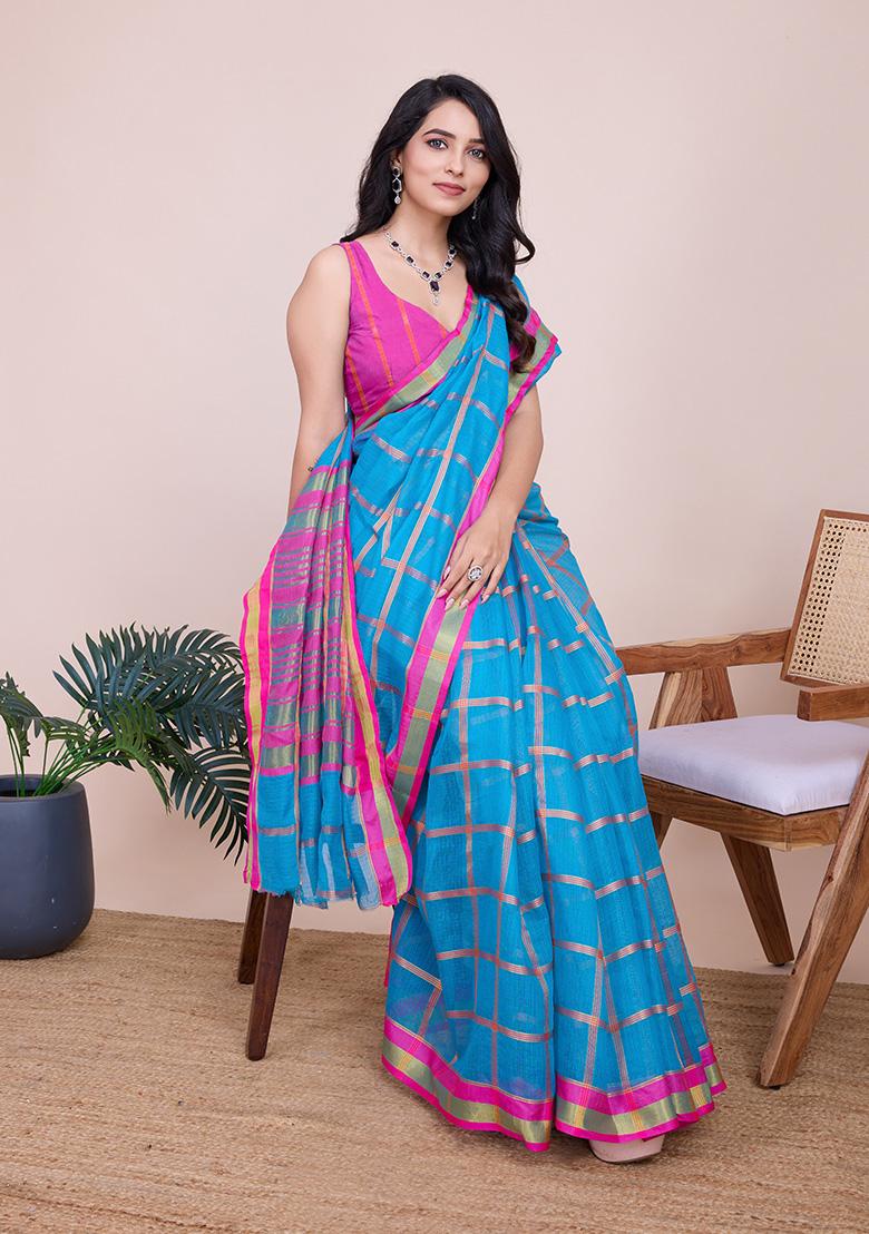 Turquoise Blue Zari Embroidered Kota Doriya Saree Set