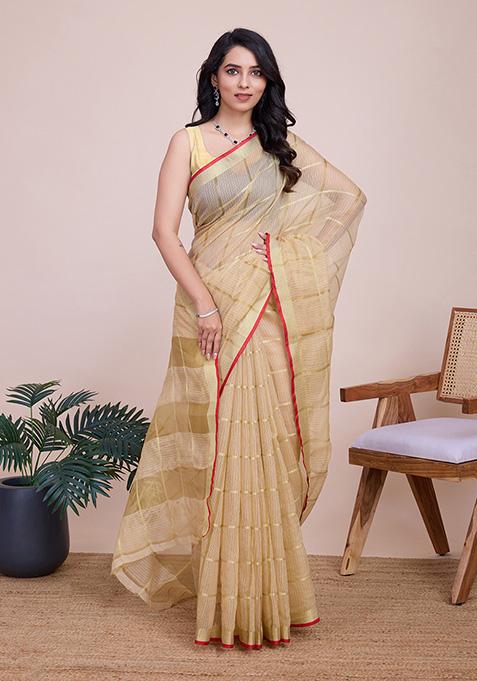 Beige Zari Embroidered Kota Doriya Saree Set