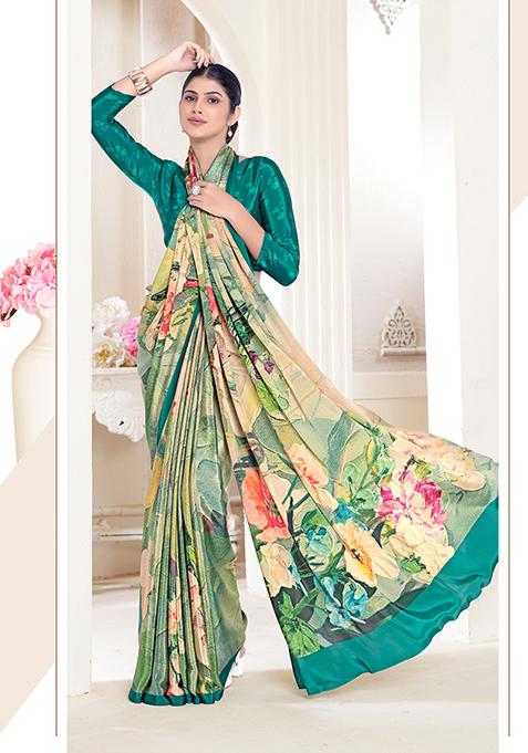 Green Printed Crepe Soft Silk Saree Set